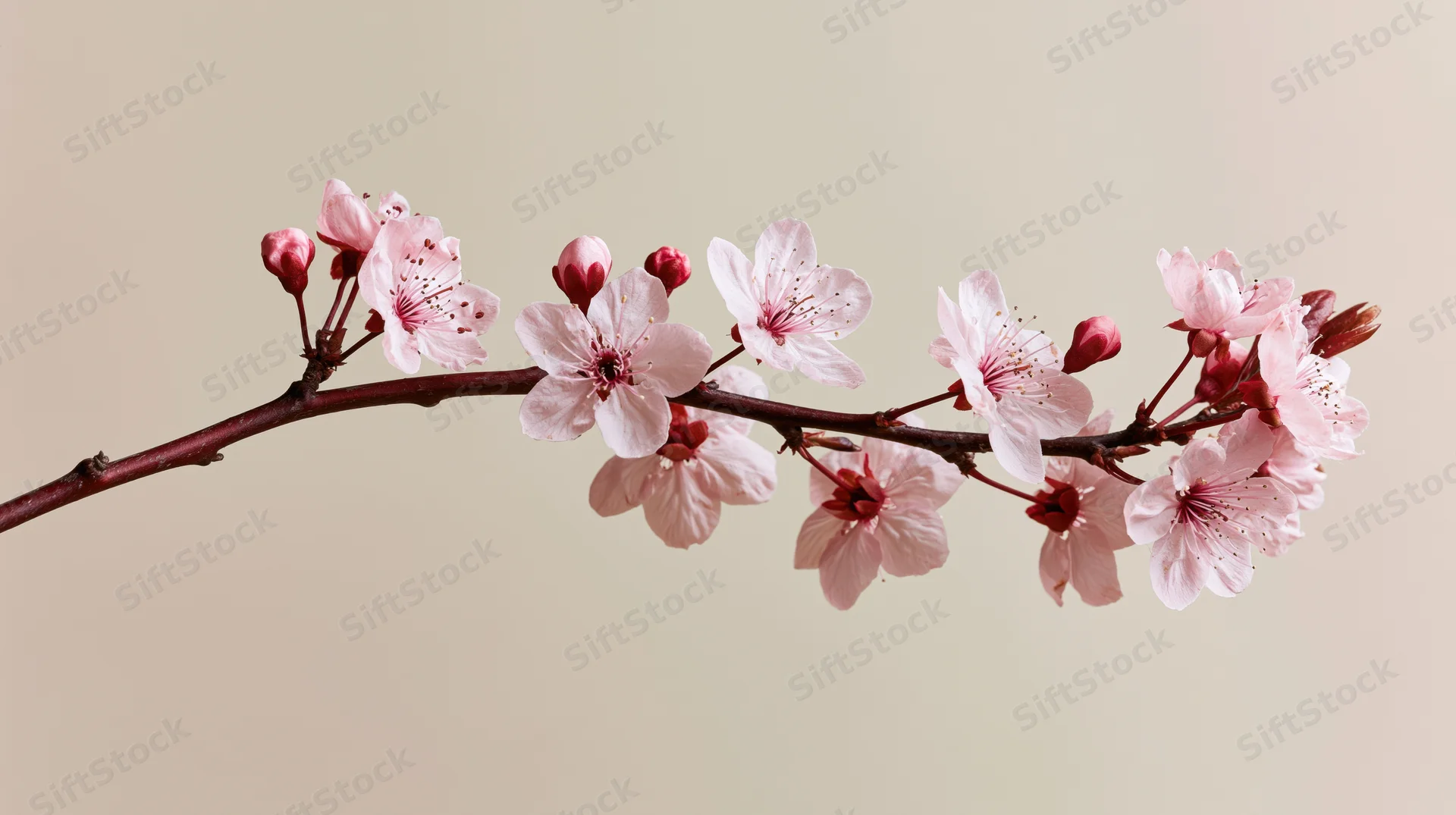 Cherry blossom branch with soft pink flowers and buds against a neutral background