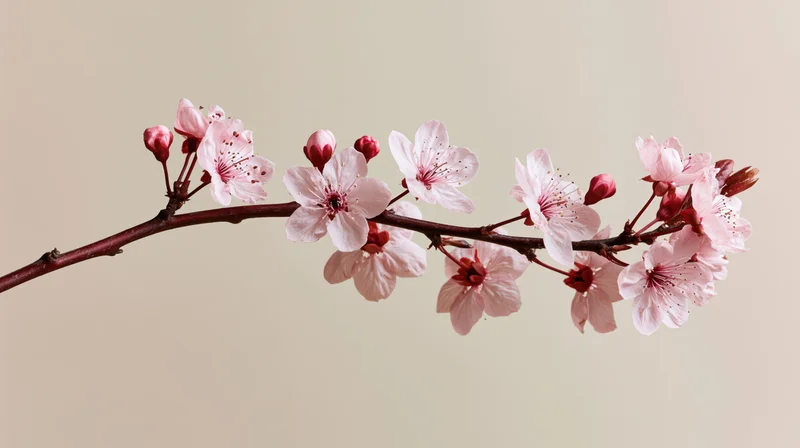 Cherry blossom branch with soft pink flowers and buds against a neutral background