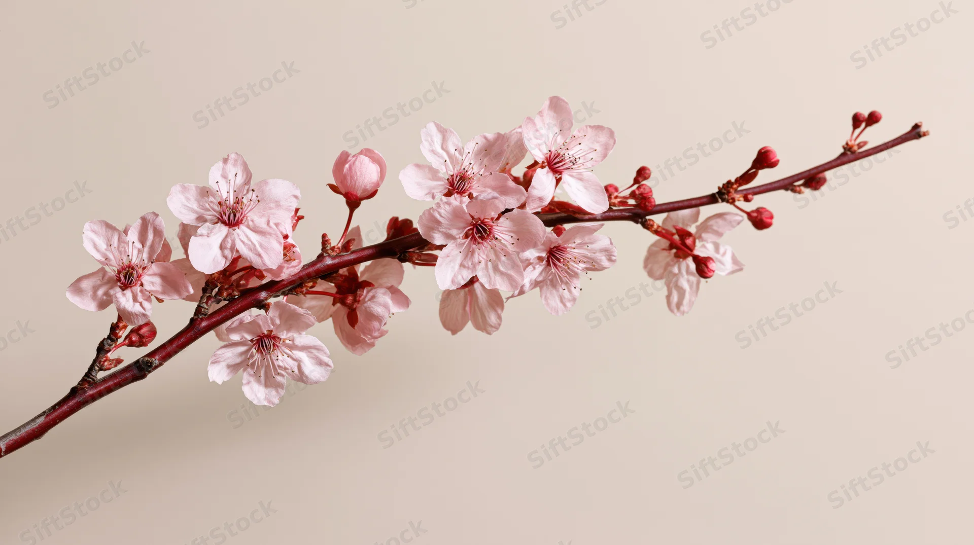 Cherry blossom branch with soft pink flowers and buds arranged diagonally against a beige background