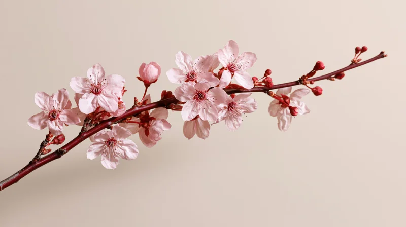 Cherry blossom branch with soft pink flowers and buds arranged diagonally against a beige background