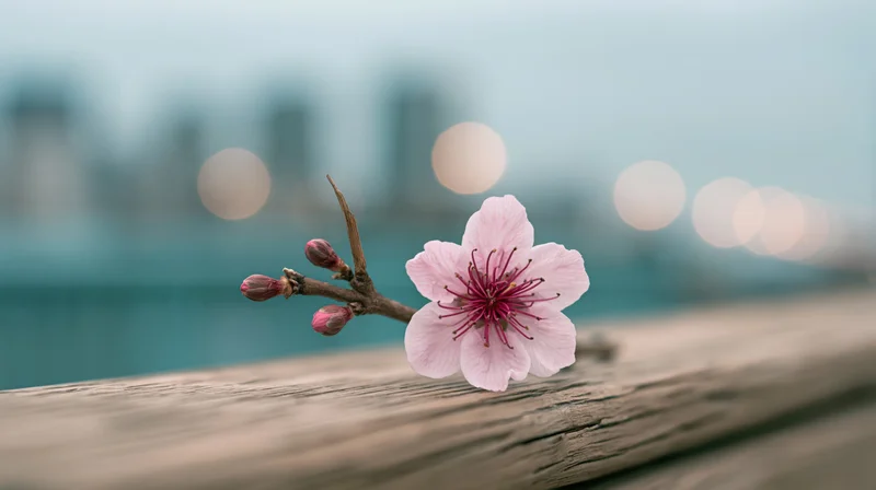 Cherry blossom in full bloom on a wooden railing with city skyline in soft focus background