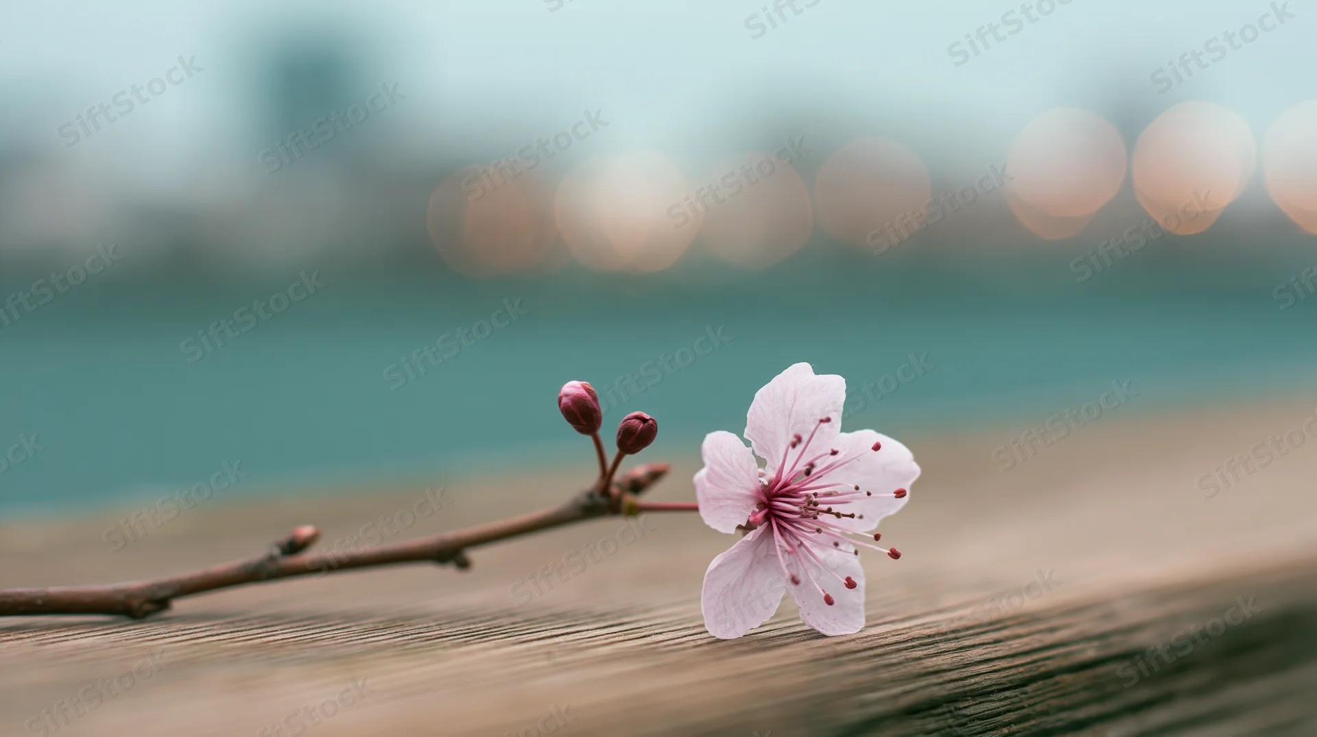 Cherry blossom in full bloom resting on a wooden surface with blurred city lights in the background