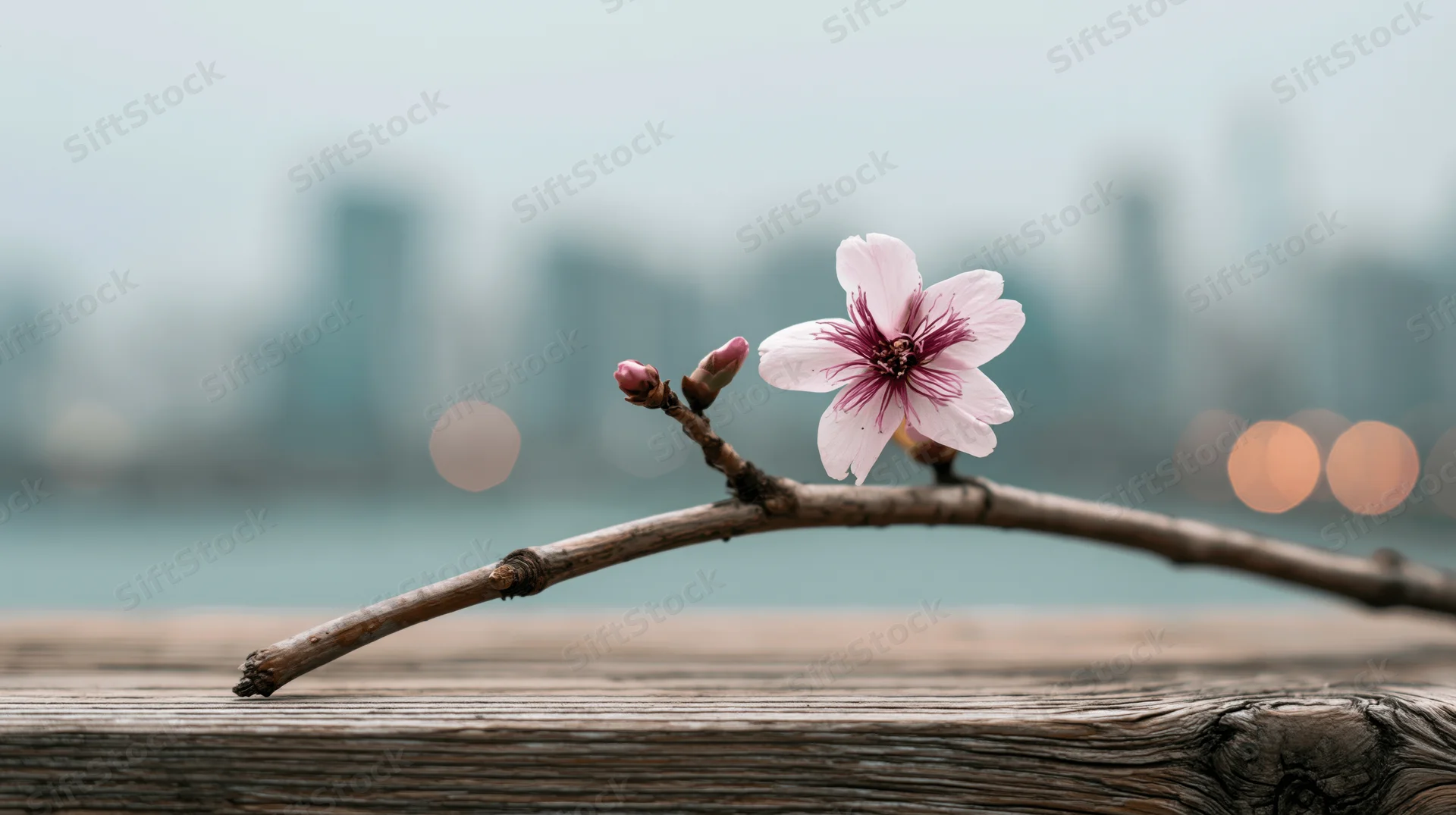 Cherry blossom flower on a wooden table with city skyline in the background