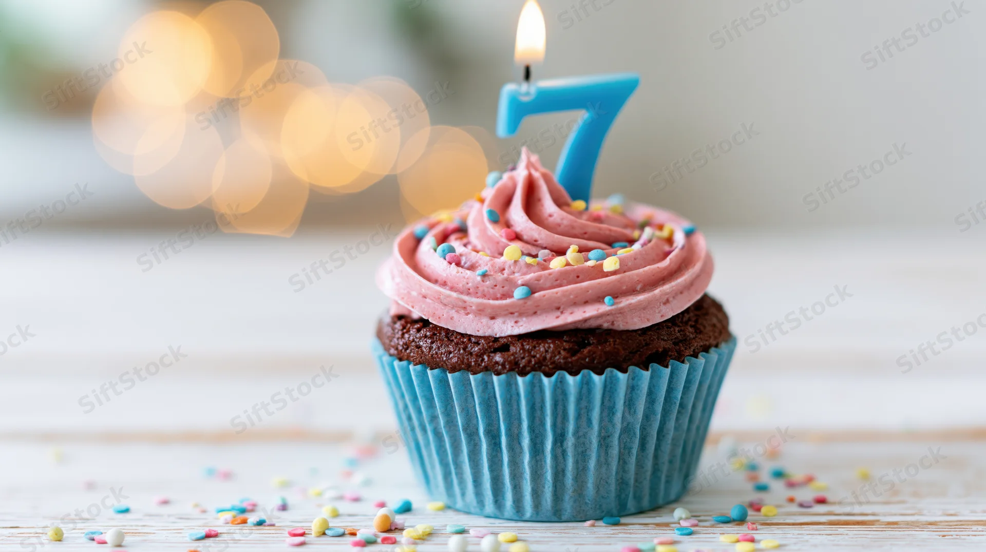 Chocolate cupcake with pink frosting and blue number 7 candle on wooden table