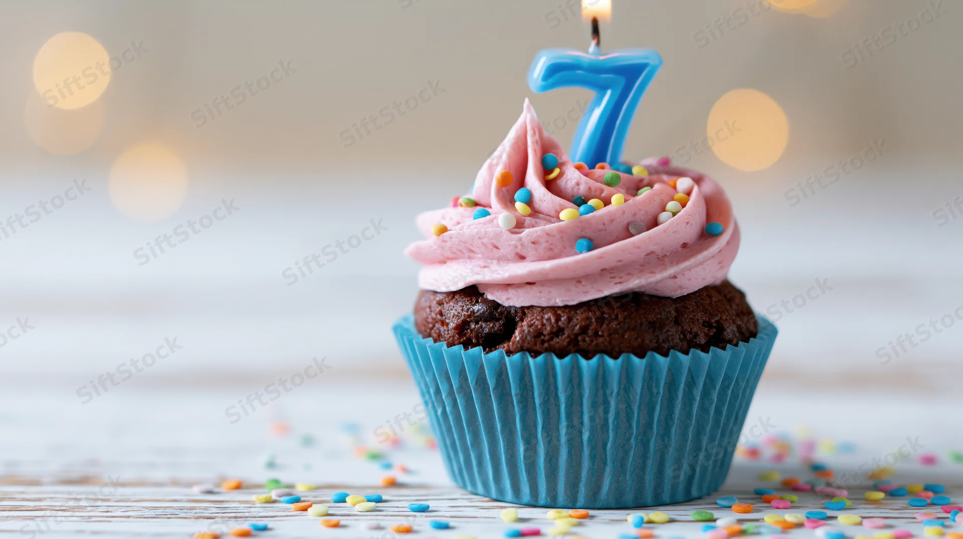 Chocolate birthday cupcake with pink frosting and number seven candle on wooden table