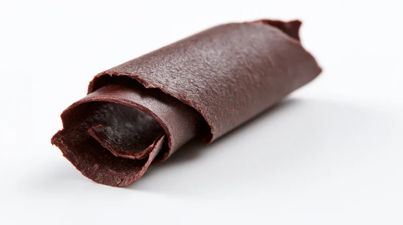 Dark chocolate curl shaving resting on white surface