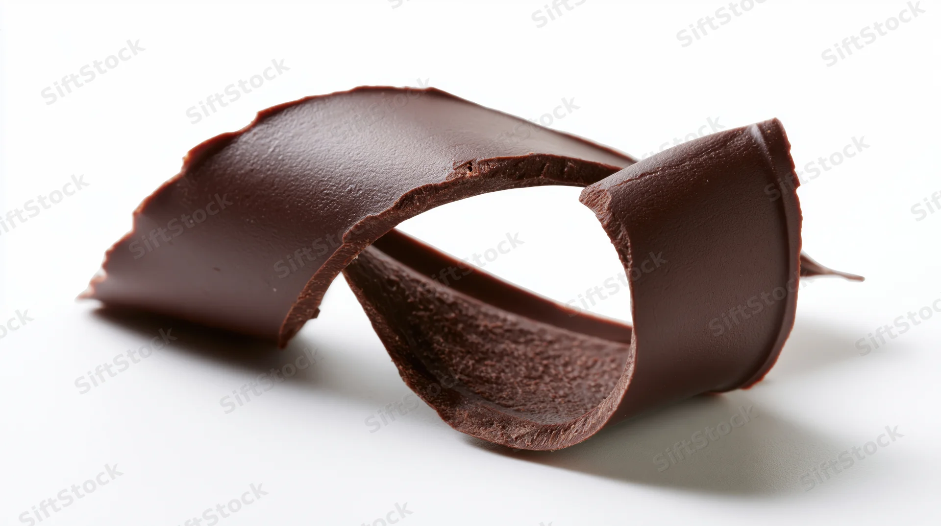 Dark chocolate curl resting on white surface