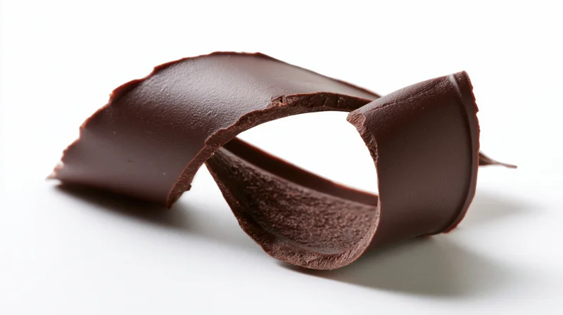 Dark chocolate curl resting on white surface