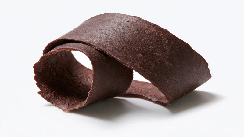 Dark chocolate curl shaving resting on white background