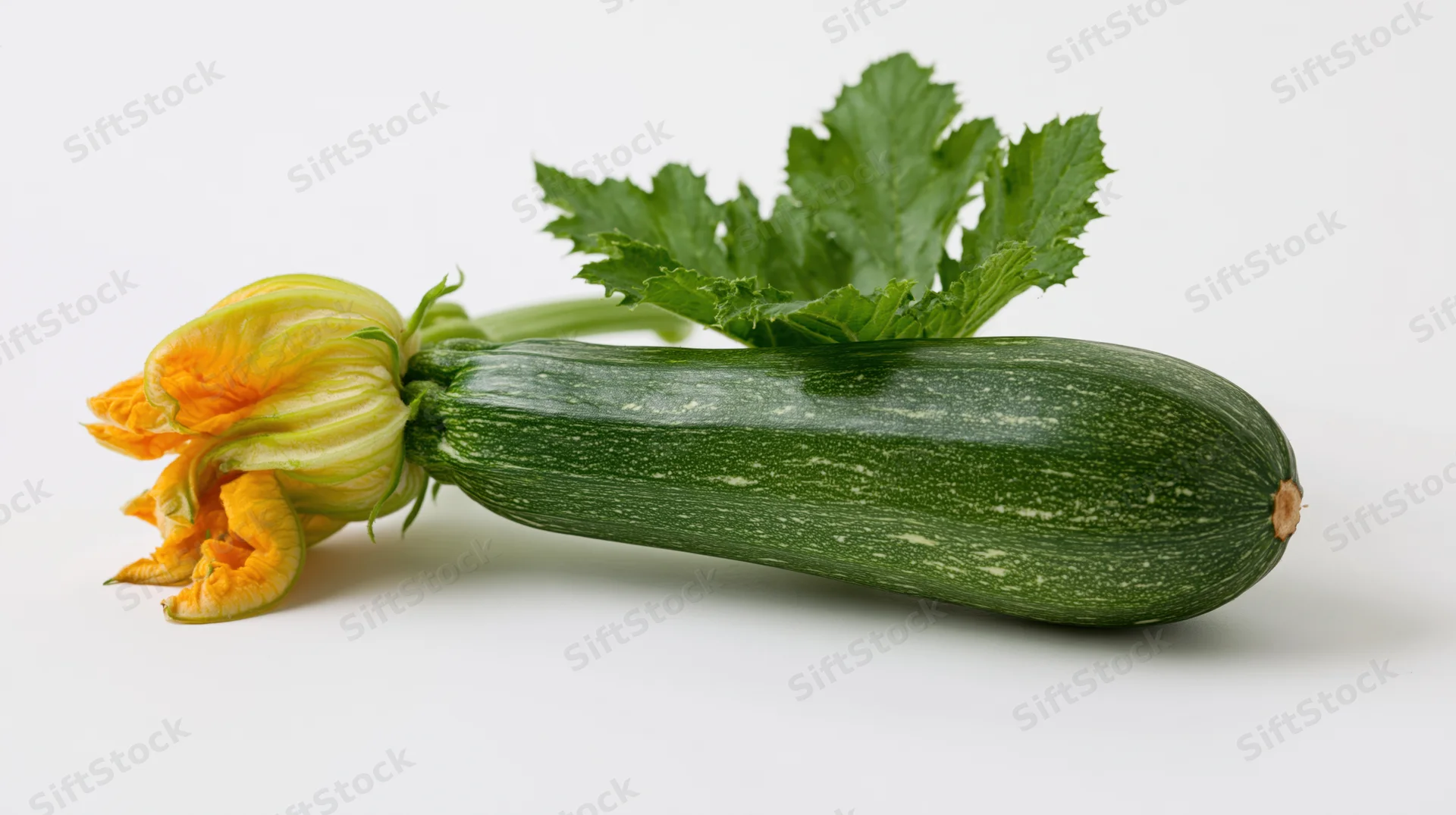 Fresh zucchini with yellow blossom and green leaf lying horizontally on white background
