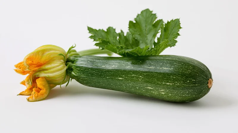 Fresh zucchini with yellow blossom and green leaf lying horizontally on white background