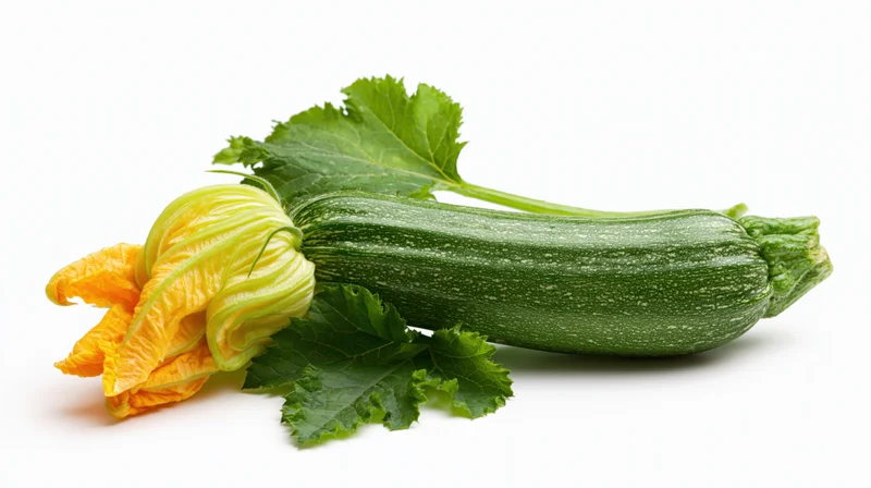 Fresh zucchini with yellow flower and green leaves lying horizontally on white background