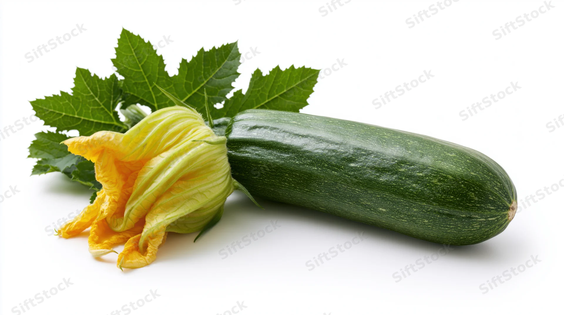 Fresh zucchini with yellow flower and green leaves on white background