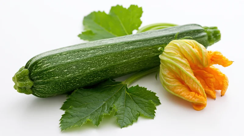 Fresh zucchini with yellow flower and green leaves on white background
