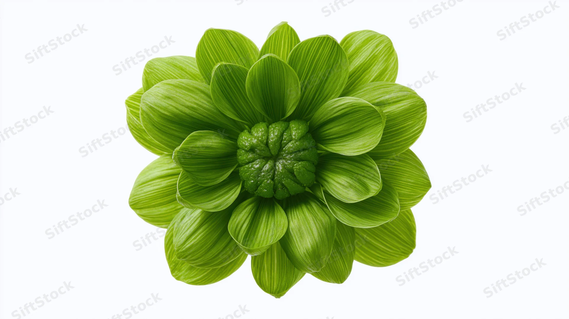Top view of a green flower with broad ribbed petals and dense center isolated on white background
