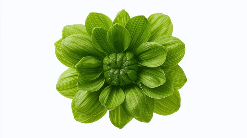 Top view of a green flower with broad ribbed petals and dense center isolated on white background