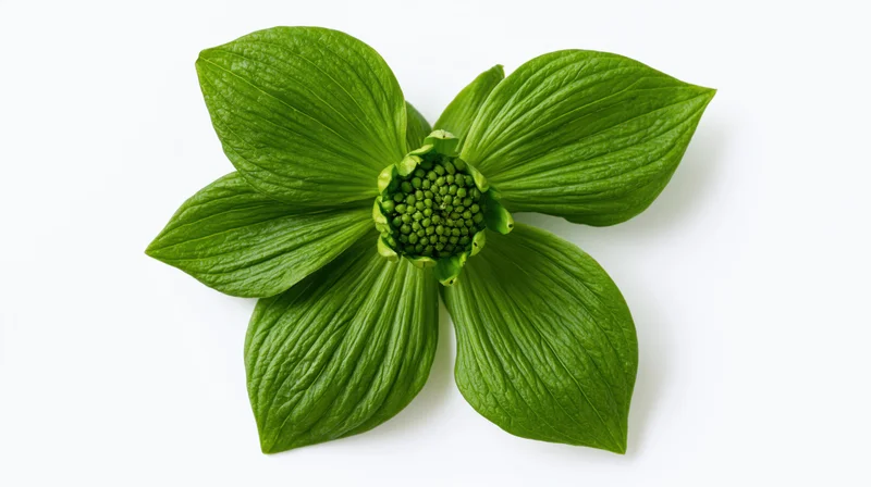 Green flower with broad ribbed petals and dense central core on white background