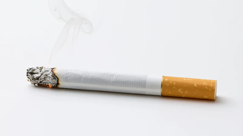 Lit cigarette with smoke and ash lying horizontally on white surface