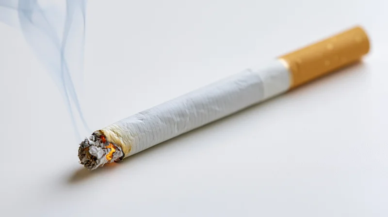 Lit cigarette burning with smoke rising on white background