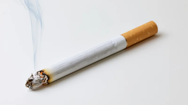 Lit cigarette with smoke and ash resting diagonally on white surface