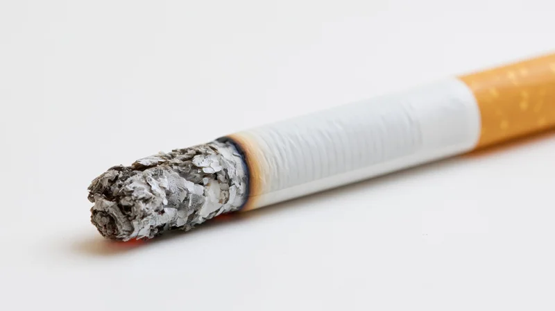 Lit cigarette with glowing ash tip on white background