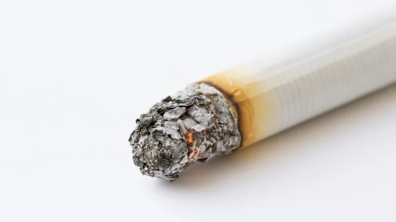 Lit cigarette with glowing ash tip on white background