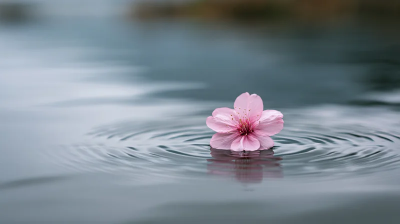 Pink cherry blossom floating on still water with ripples and reflection