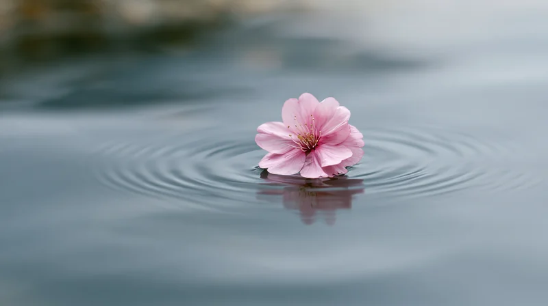 Single pink cherry blossom floating on still water with ripples and reflection
