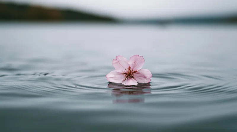Pink cherry blossom floating on still water with ripples and reflection