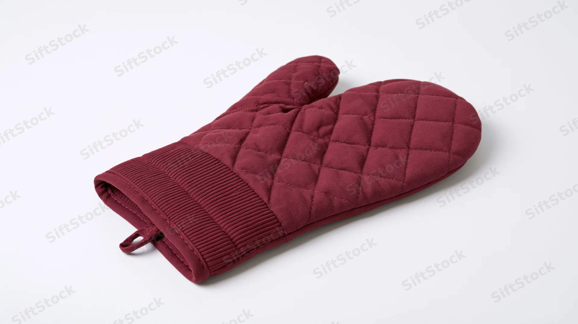 Quilted red oven mitt lying flat on white background