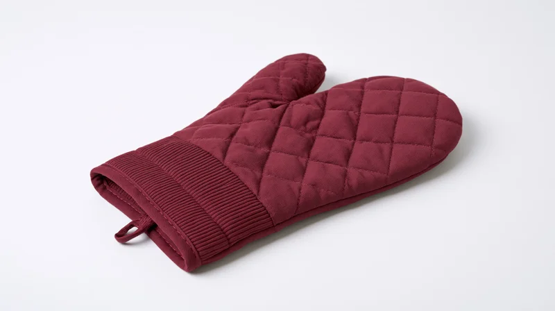 Quilted red oven mitt lying flat on white background