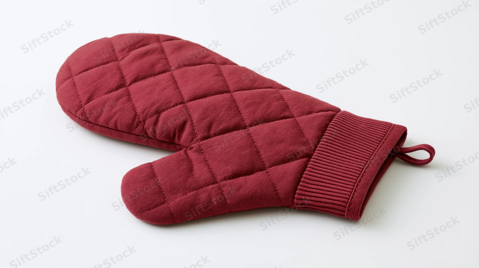 Single red quilted oven mitt lying flat on white background