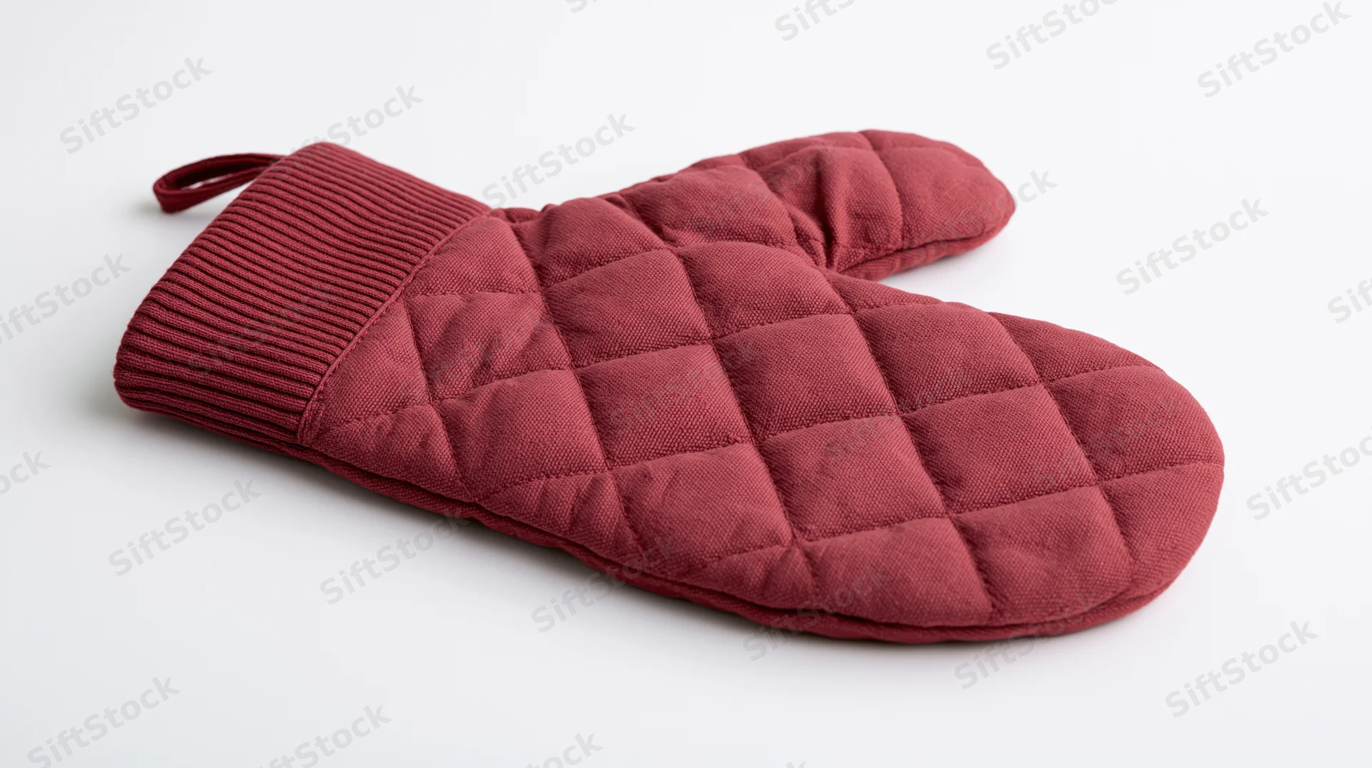 Quilted red oven mitt lying flat on white surface