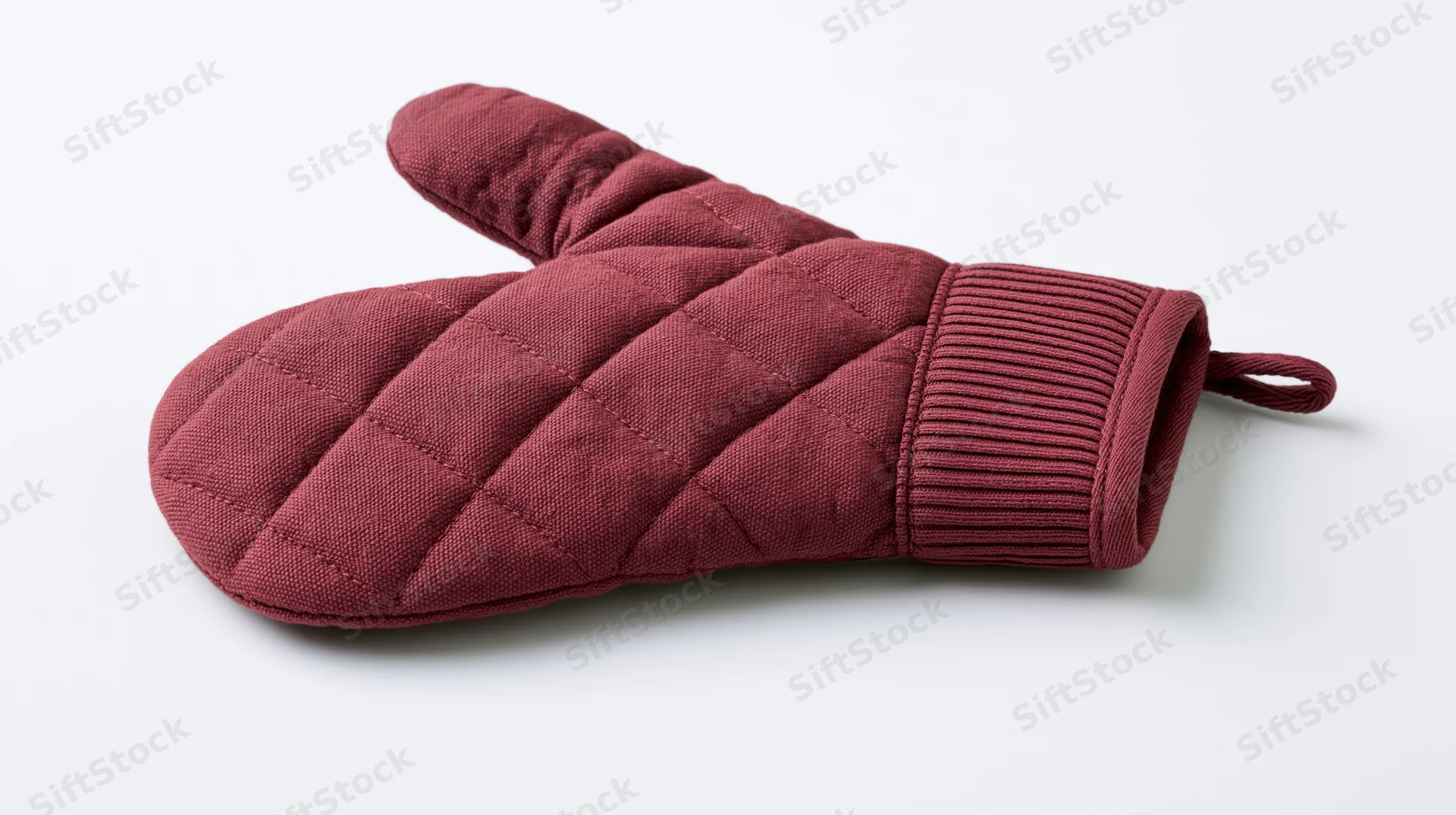 Quilted red oven mitt lying flat on white background