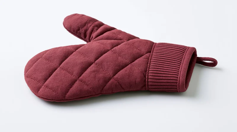 Quilted red oven mitt lying flat on white background