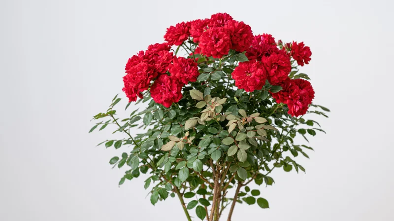 Red rose bush in full bloom against white background