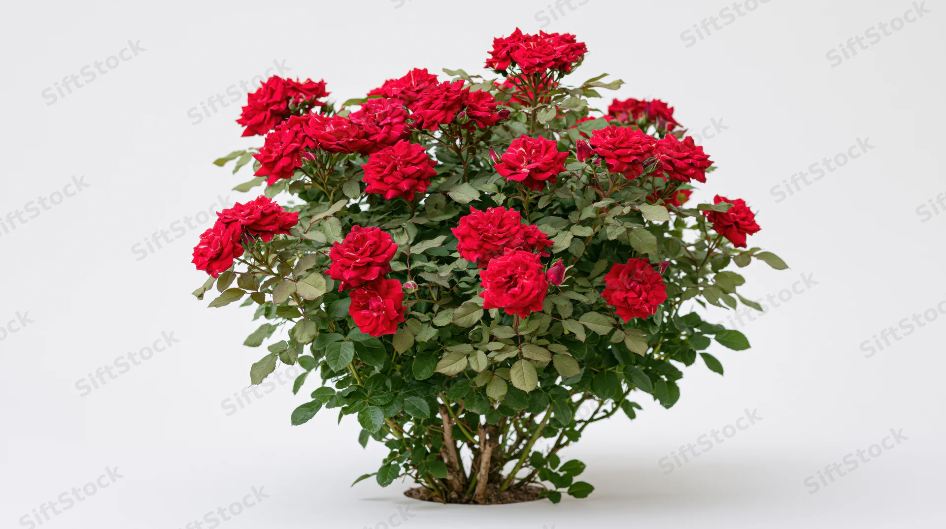 Red rose bush in full bloom with dense crimson flowers and green foliage on white background