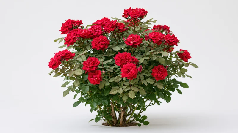 Red rose bush in full bloom with dense crimson flowers and green foliage on white background