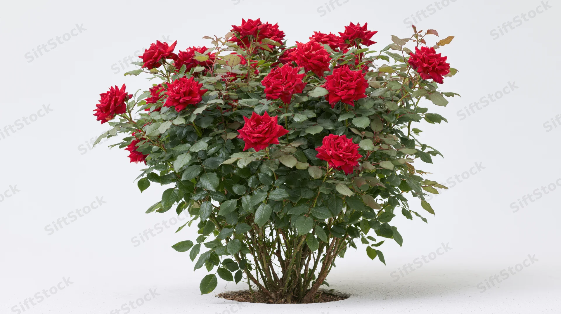 Red rose bush in full bloom with dense crimson flowers and green foliage on white background