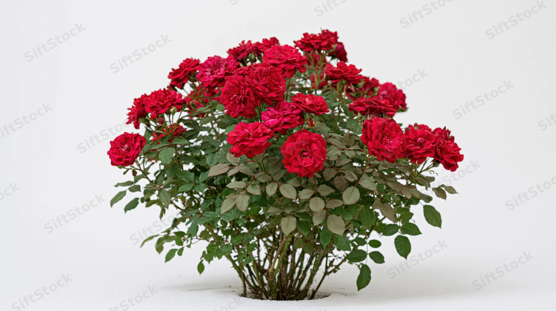 Red rose bush in full bloom with dense crimson flowers and green foliage on white background
