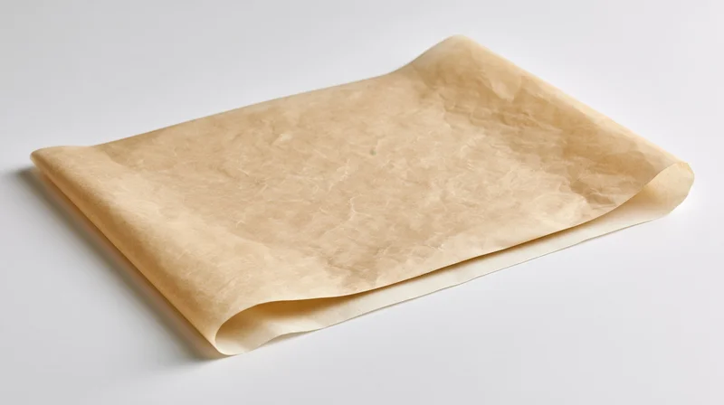 Crumpled unbleached parchment paper sheet on white surface