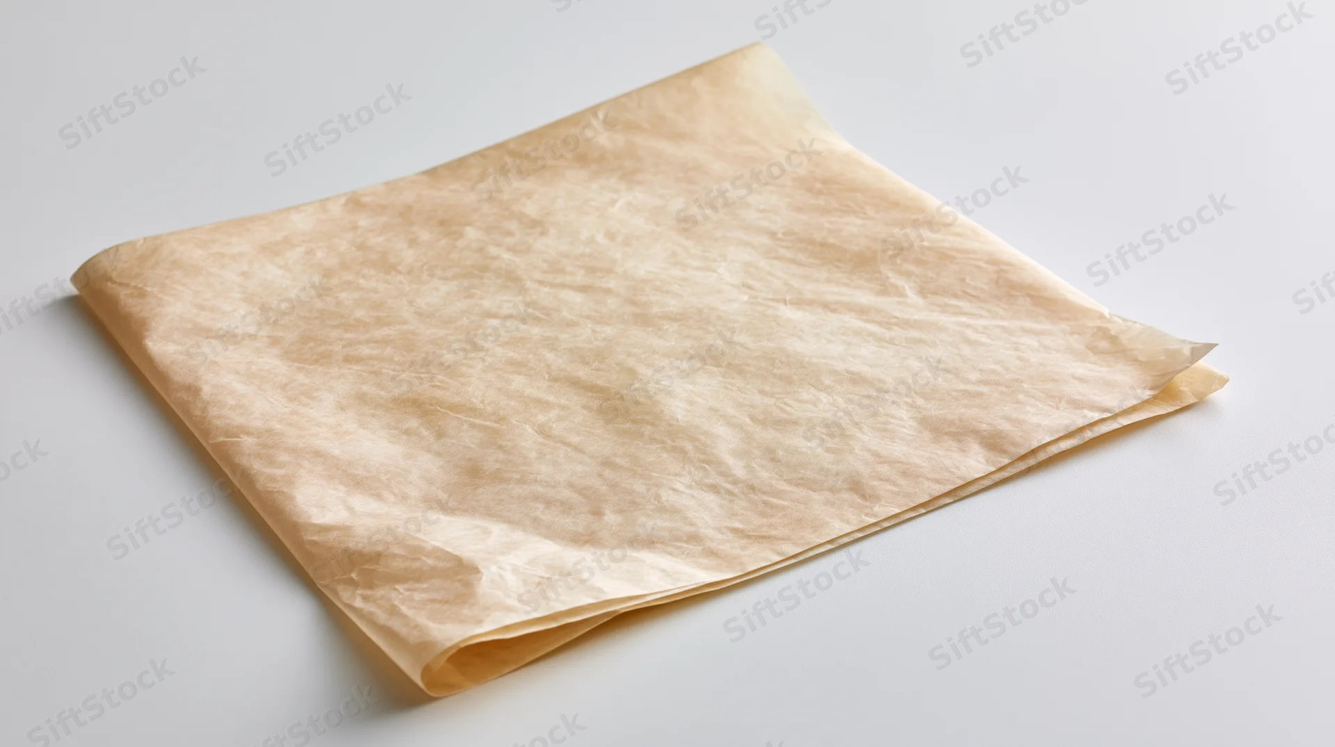 Crumpled unbleached parchment paper sheet on white surface