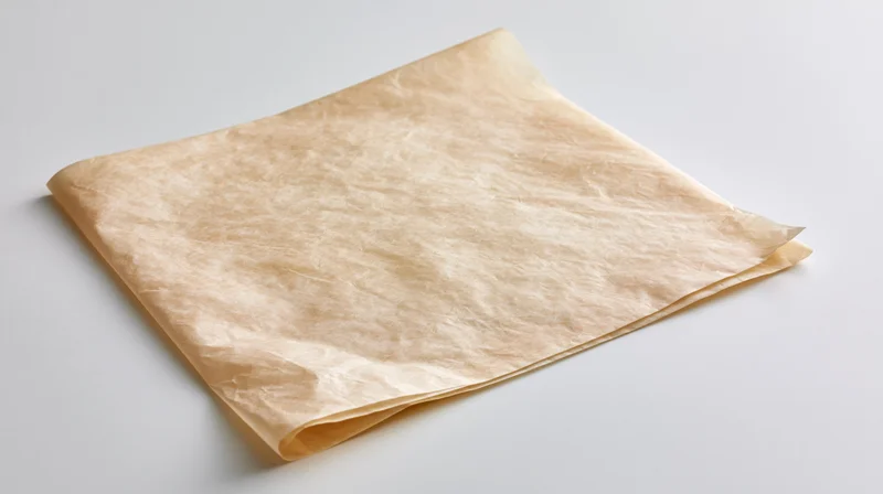 Crumpled unbleached parchment paper sheet on white surface