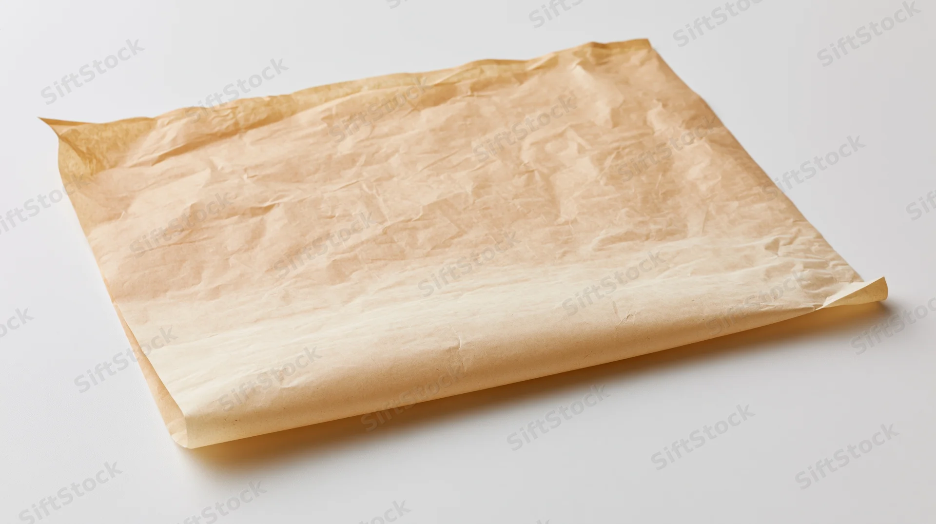 Crumpled unbleached parchment paper sheet on white surface