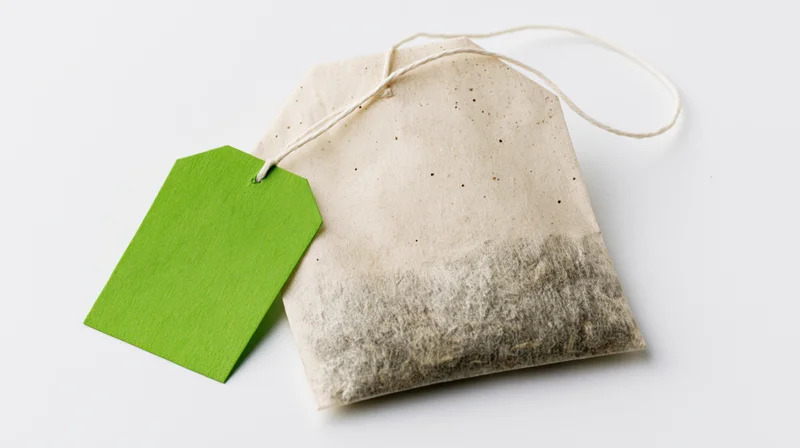 Single unused tea bag with bright green paper tag on white background
