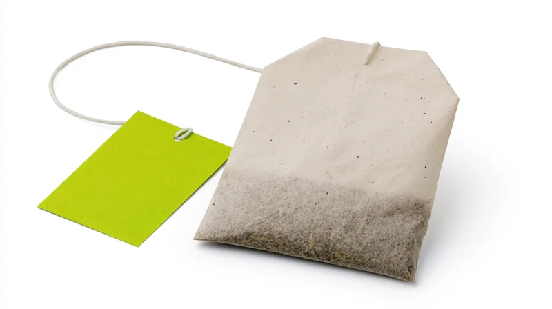 Single unused tea bag with bright green paper tag attached, isolated on white background