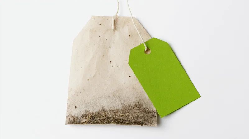 A single unused tea bag with a bright green paper tag attached, isolated on white background