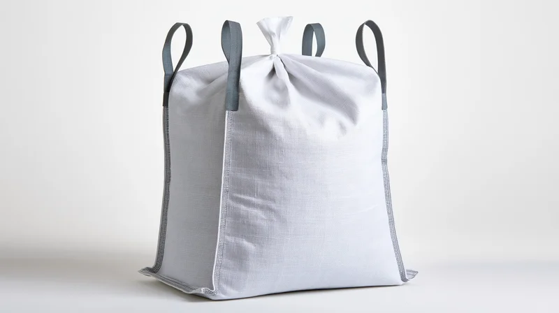 White bulk bag with gray handles and drawstring closure standing upright on plain surface