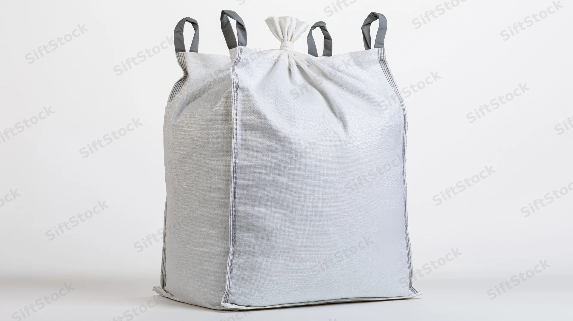 White bulk bag with drawstring closure standing upright on plain surface