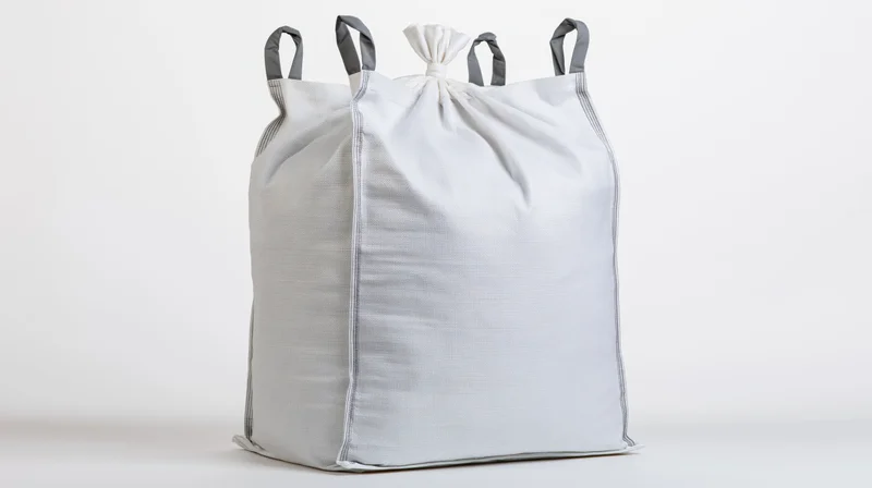 White bulk bag with drawstring closure standing upright on plain surface